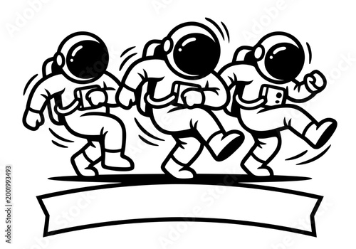 Happy astronauts dancing among stars, minimal cartoon illustration.