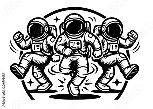 Playful astronauts dancing in zero gravity, fun space themed illustration.
