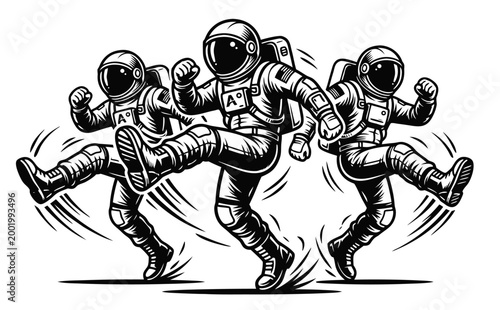Fun astronauts dancing in space, dynamic line art with stars and energy.