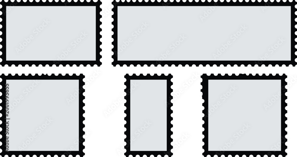 Obraz premium Collection of Blank Postage Stamp Templates with Perforated Edges and Different Rectangular Shapes for Mail Delivery Postal Services Philately Hobbies and Creative Graphic Design Projects.