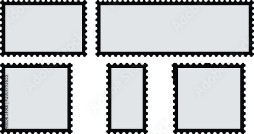 Collection of Blank Postage Stamp Templates with Perforated Edges and Different Rectangular Shapes for Mail Delivery Postal Services Philately Hobbies and Creative Graphic Design Projects.