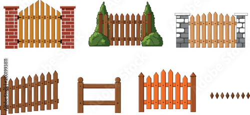 Wooden fence collection with garden gates and picket barriers isolated on light background outdoor construction vector illustration set