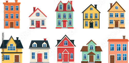 Set of Colorful Residential House Illustrations with Different Architectural Styles for Real Estate, Property, and Home Design Graphics