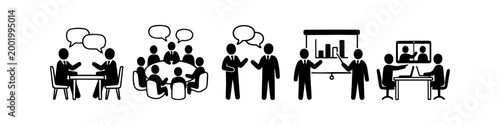 Foto Vector icon set of business people in various meeting scenarios including video calls, presentations, group discussions, and one-on-one interviews