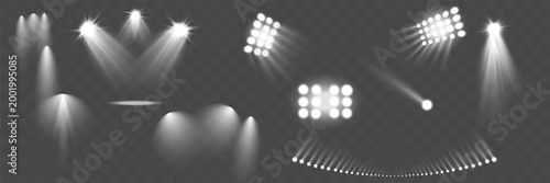 Realistic white spotlight collection with dramatic light beams, soft gradients and glowing effects on transparent background, ideal for stage, events and premium vector design