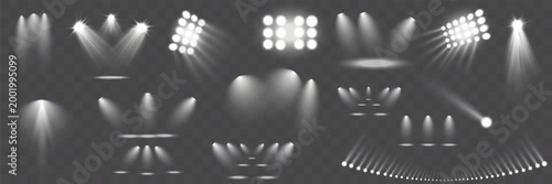 Realistic white spotlight collection with dramatic light beams, soft gradients and glowing effects on transparent background, ideal for stage, events and premium vector design