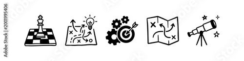 Black hand-drawn business strategy icons set featuring a chess king, strategic planning maps, gears with target, and telescope for vision and goal setting concepts.