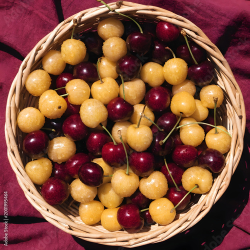 top view of basket full of yellow and red cherries