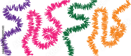 Colorful fuzzy pipe cleaners in purple pink green and orange hues for crafting  isolated on white background