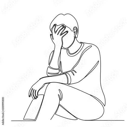 Continuous line drawing of tired person resting head on hand, boredom and fatigue concept, hand drawn vector illustration