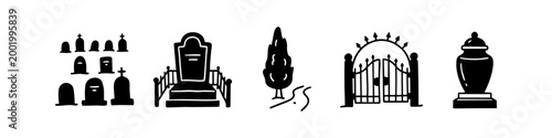 Bild auf Leinwand Set of hand-drawn cemetery icons and silhouettes featuring tombstones, graveyard gates, a funeral urn, and a cypress tree