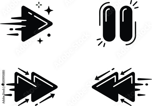 Dynamic Multimedia Icon Set with Play Pause Fast Forward and Rewind Speed Motion Buttons Vector Illustration