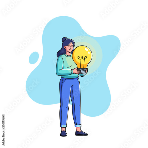 Woman Holding Bright Lightbulb Illustration Symbolizing New Idea, Creativity, Innovation, and Problem Solving in Business and Technology