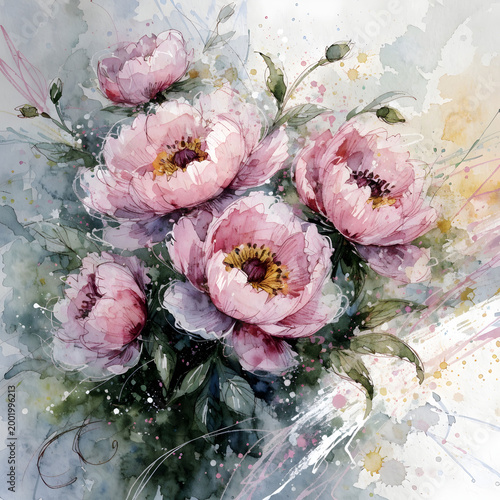 watercolor greeting card with pink peonies flowers