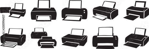 A collection of 10 A classic desktop printer silhouette vector, black and white silhouette vector illustration