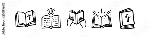 Obraz na płótnie Hand-drawn set of holy bible icons featuring open and closed books with crosses, praying hands, and divine light