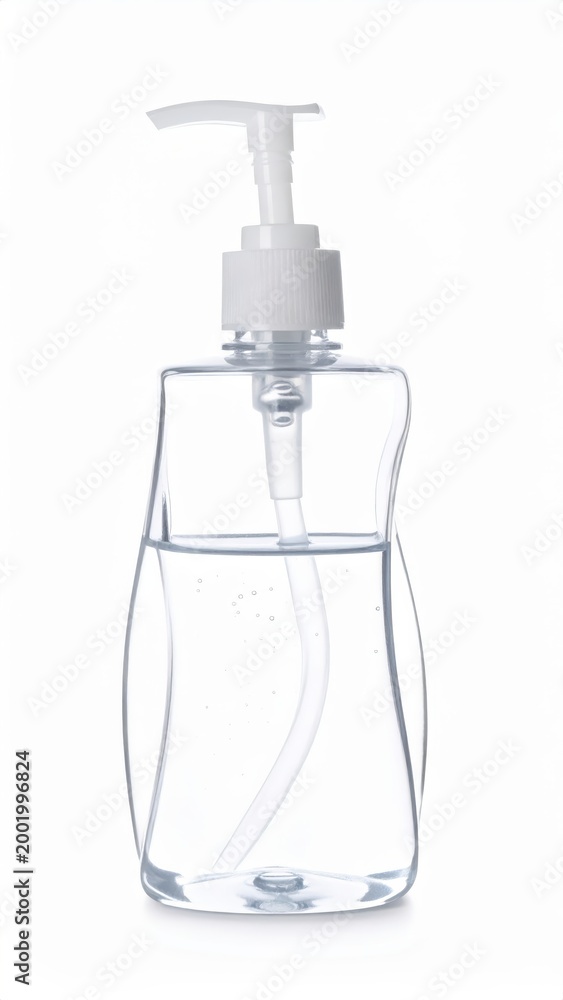 Obraz premium Transparent pump bottle ideal for liquid soap or sanitizer, isolated on a white background.