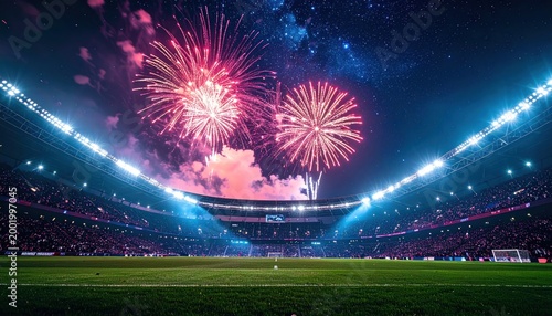 Spectacular Fireworks Display Illuminates Packed Football Stadium at Night.