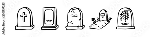Photos A collection of five hand-drawn gravestone and tombstone icons in a doodle style