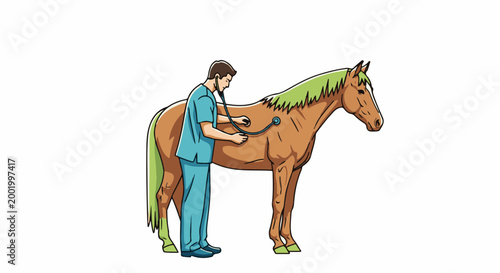 Veterinarian examines horse with stethoscope, ensuring health and well-being