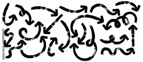 Brush, marker drawn bold arrows set. Collection doodle marker thick arrows in different directions. Vector doodle marker symbols. Grunge curved brush strokes for collages. vector illustration