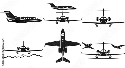 Set of Private Jet Icons: Top View, Front View, Side View, and Flying