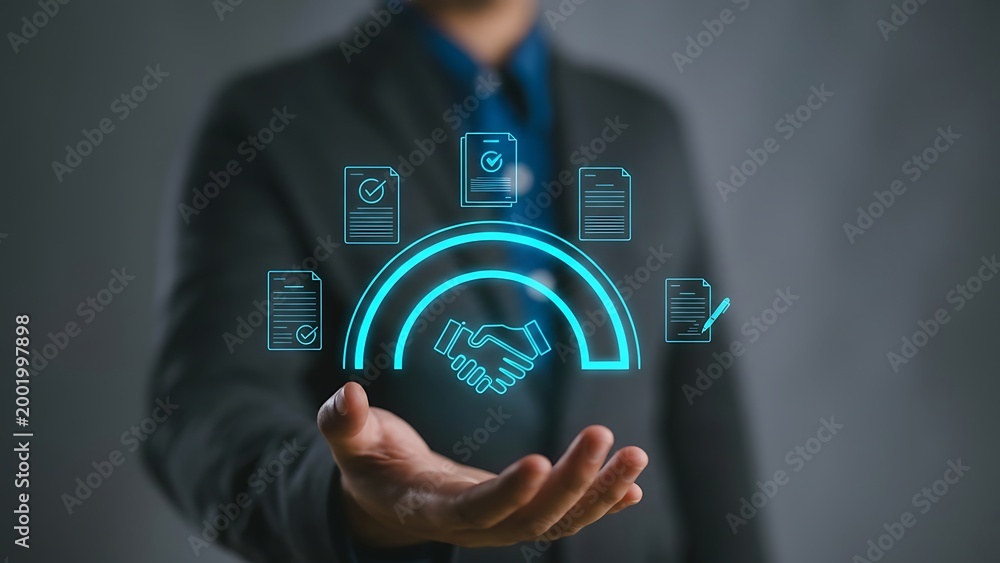 Fototapeta premium Businessman manage digital procurement process with business contract, invoice, approval documents, representing B2B sourcing, vendor management, supply chain.3D Rending