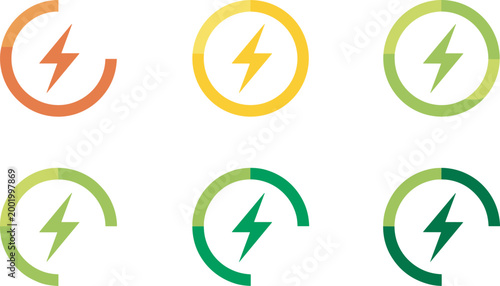 Colorful circular vector icons with lightning bolt symbols representing energy levels, charging progress, and power intensity in gradient design