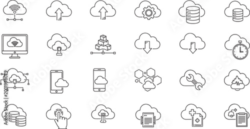 Detailed black and white flat line art vector illustration collection of cloud computing icons featuring data storage, upload, download, and networking.
