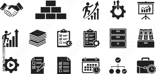 Detailed black and white flat vector illustration collection of business productivity icons featuring teamwork, career growth, management tools, and organizational symbols.