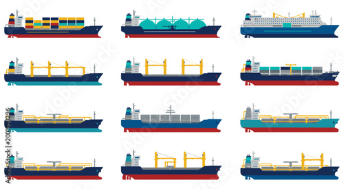 Cargo ship set featuring various types of marine vessels including container carriers gas tankers and bulkers. Professional marine transport fleet isolated on white for logistics design themes.