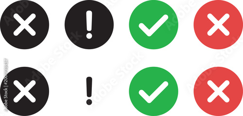 Detailed flat vector illustration collection of circular status icons featuring checkmarks, cross marks, and exclamation points for web interface notification concepts.