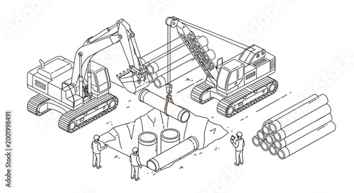 Construction workers and heavy machinery are installing large pipes in an excavated trench, demonstrating infrastructure development and civil engineering processes.