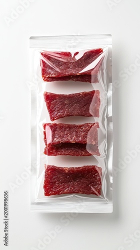 Fresh frozen red meat steaks packaged in clear vacuum-sealed plastic bag for preservation and storage, ready for cooking or grilling