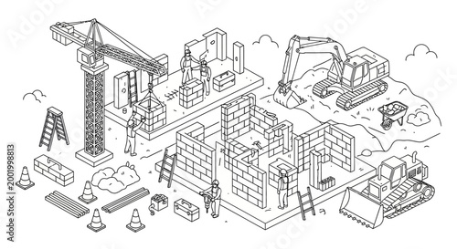 Isometric illustration of a construction site with a crane, excavator, bulldozer, workers, and building materials, depicting the process of building a house.