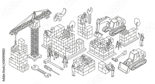 Isometric illustration of construction site with workers, crane, excavators, bulldozer, and building materials, depicting the process of building structures.
