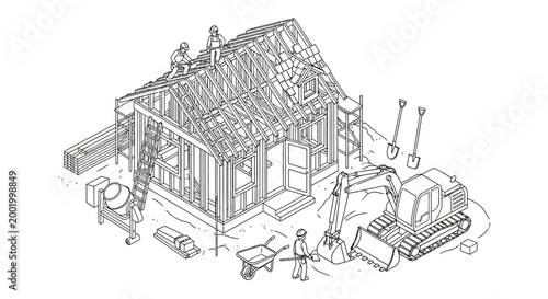 Construction site with a house under renovation, showing workers, tools, and heavy machinery.