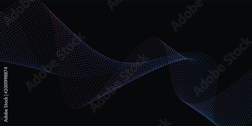 Neon sound wave on black background. Abstract flowing wavy dot lines design for ai concept, eq equalizer, audio record, voice assistant. Vector blue green purple gradient dashed curve stripe wallpaper
