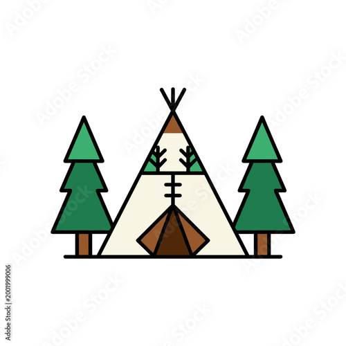 Minimalist teepee tent icon surrounded by pine trees for camping design