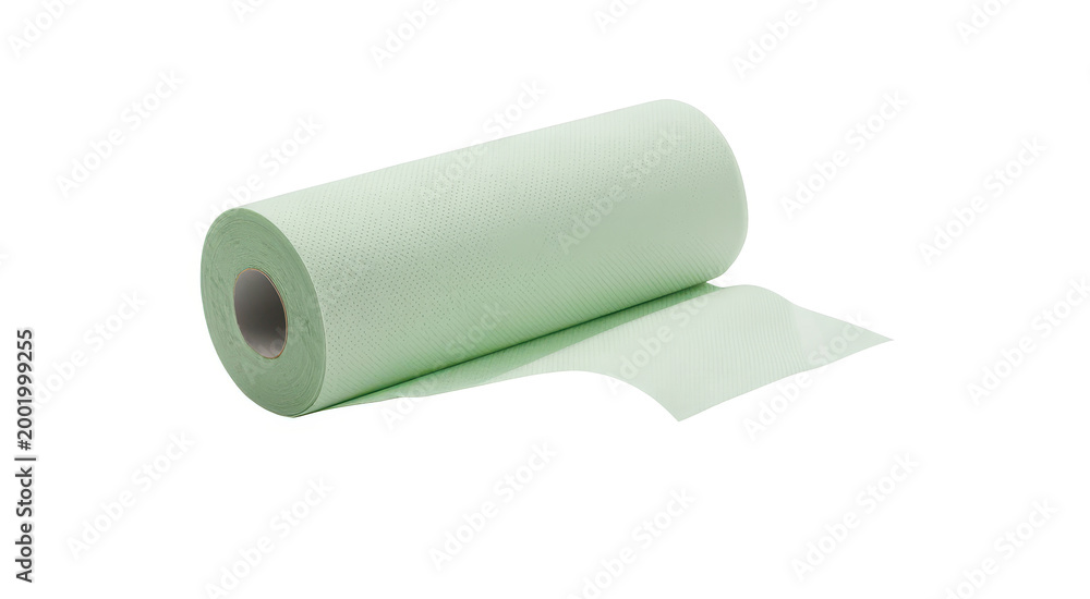 Obraz premium A roll of light pale green paper towels or cleaning wipes on a plain white background surface