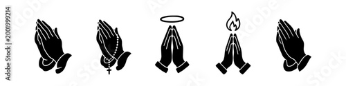 Принти на полотні Set of black praying hands icons on a white background, featuring variations with a rosary, halo, and flame