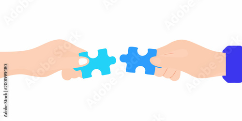 Hands connecting puzzle pieces flat vector illustration on white background