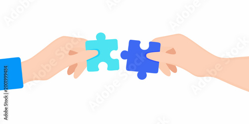 Hands connecting puzzle pieces flat vector illustration