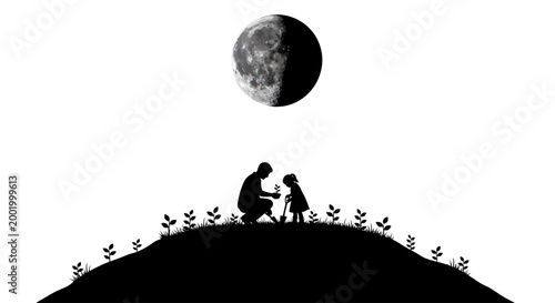 Photos Father and daughter planting a sapling under the moon.