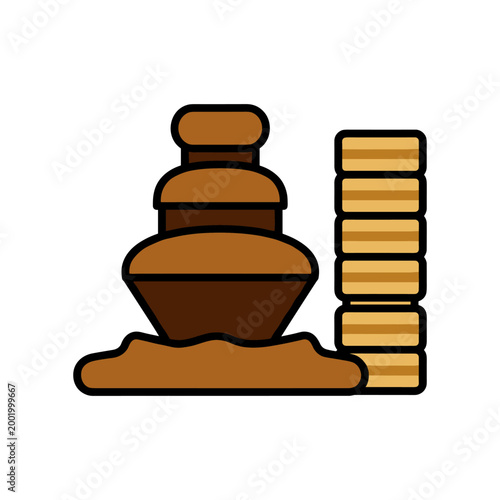 Chocolate fountain and stacked gold coins icon for financial dessert concepts