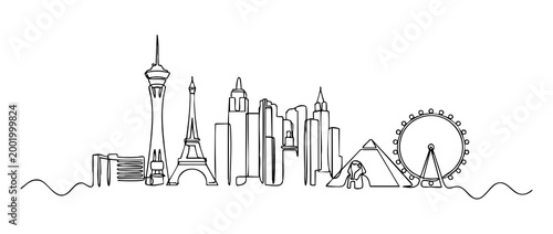 Architectural skyline minimalist one-line art with the iconic landmarks of the las Vegas strip