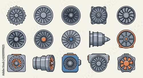 Various fan and turbine designs, industrial machine parts, mechanical components