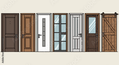 Variety of seven different doors illustrated in a cartoon style