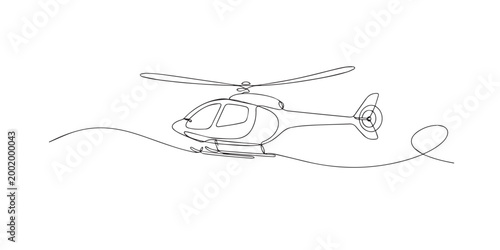 One line drawing of helicopter. Continuous line of flying rotor aircraft. Air transport concept. Modern minimalist style. single line art vector illustration.