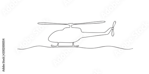 One line drawing of helicopter. Continuous line of flying rotor aircraft. Air transport concept. Modern minimalist style. single line art vector illustration.